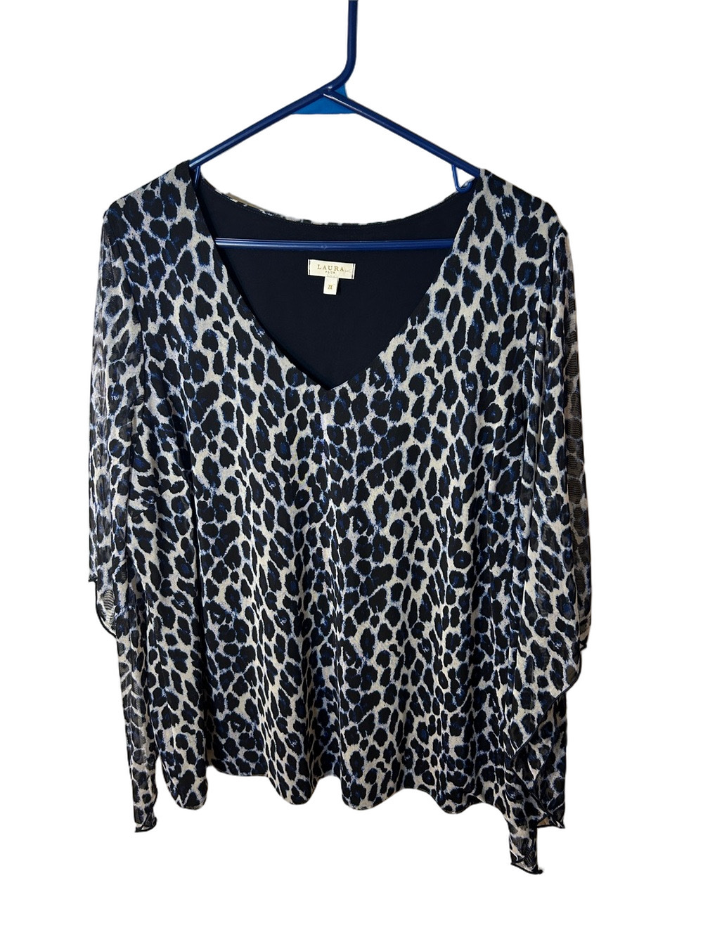 Women's Navy and White Leopard Animal Print V-Neck Top asymmetric sleeves whimsy